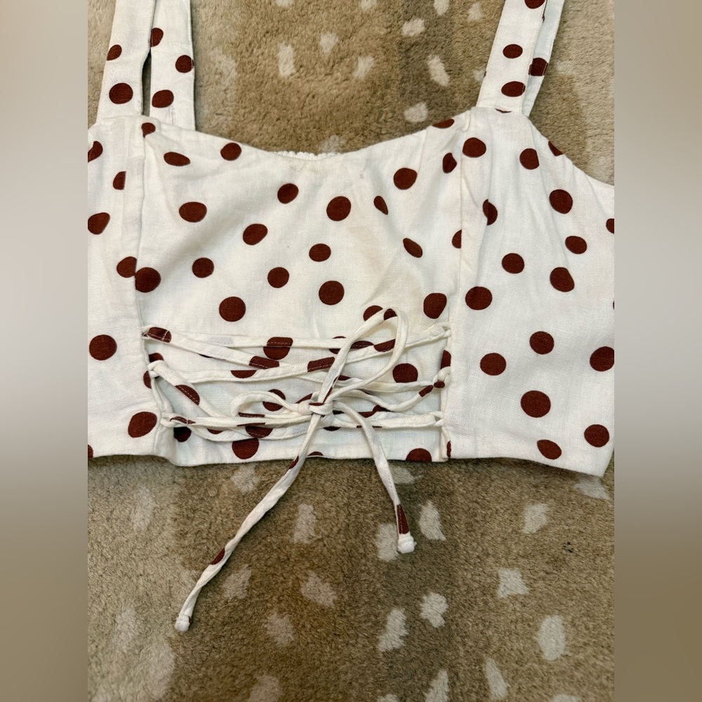 Abercrombie & Fitch BNWOT white brown polka dot crop front tie tank top women L - Picture 5 of 12